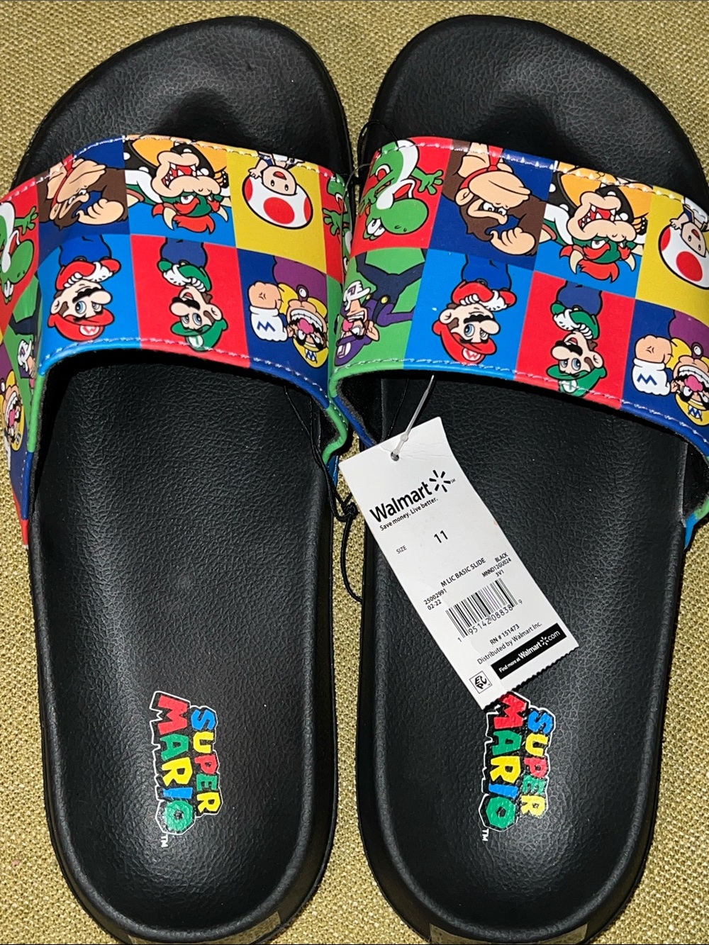 Nintendo Super Mario Black Mens Slide Sandals with Multicolor Character Strap